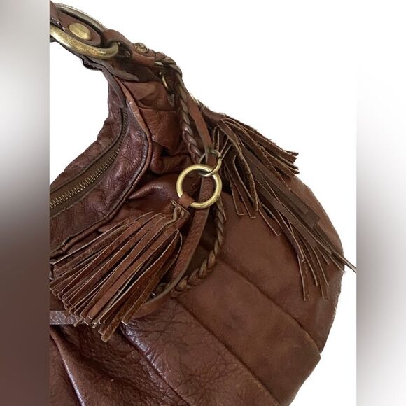 Sabina New York - Large Brown Plated Slouchy Boho Shoulder Leather Bag Coquillle - Picture 4 of 11